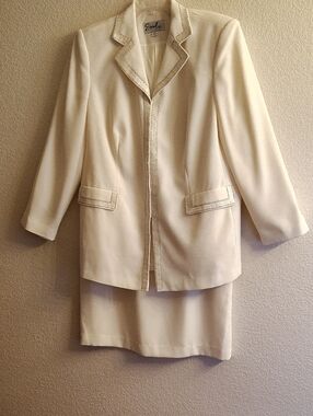 Vintage Sz 16W Ivory Silver Beaded Trim Skirt Suit Set Women's 2-Piece HMB